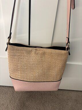 Izzy & Ali Blush Pink Woven Straw Bucket Bag Crossbody